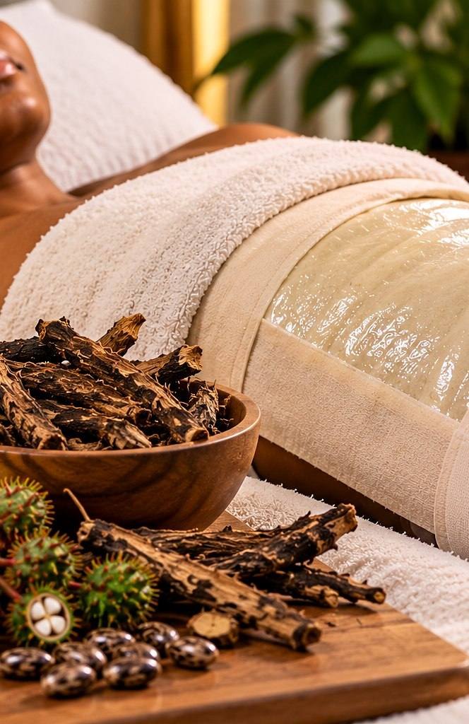 Poke root and a warm wrap laid on a treatment bed