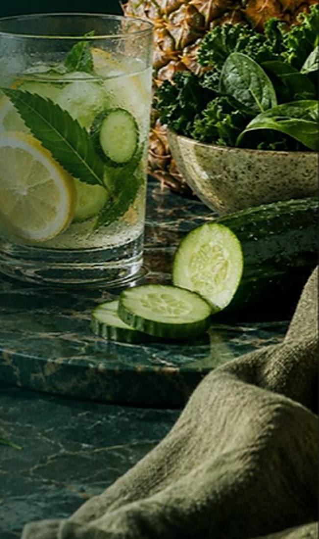 A green drink with cucumber and fresh greens