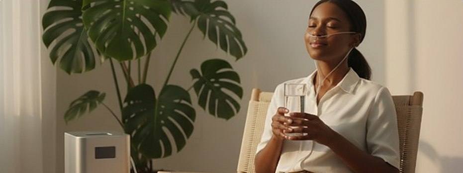 A woman resting with a nasal cannula and a glass of water