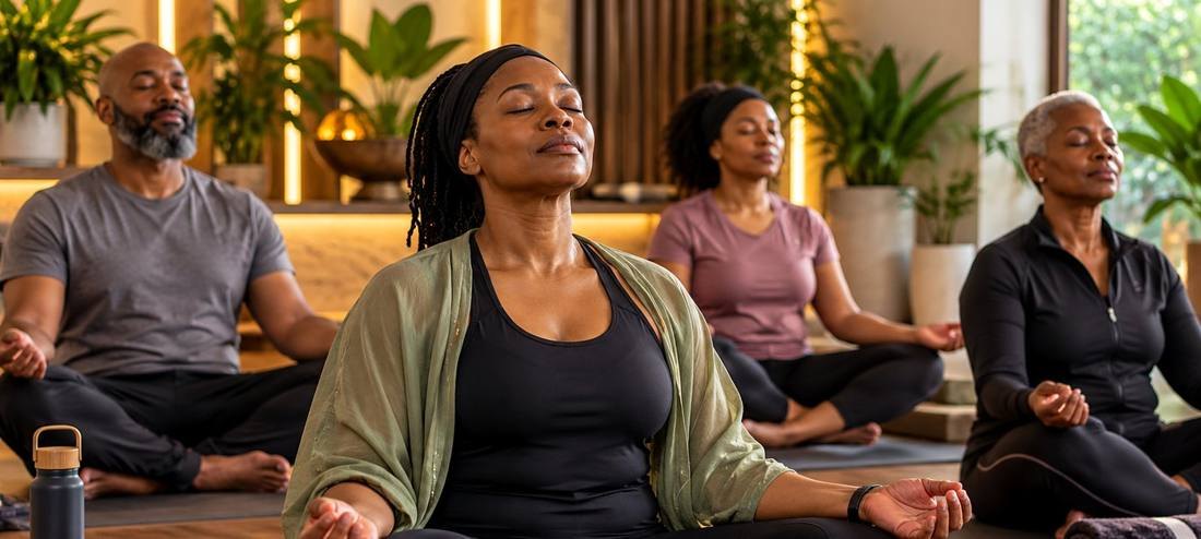 People sitting quietly with eyes closed in a calm room