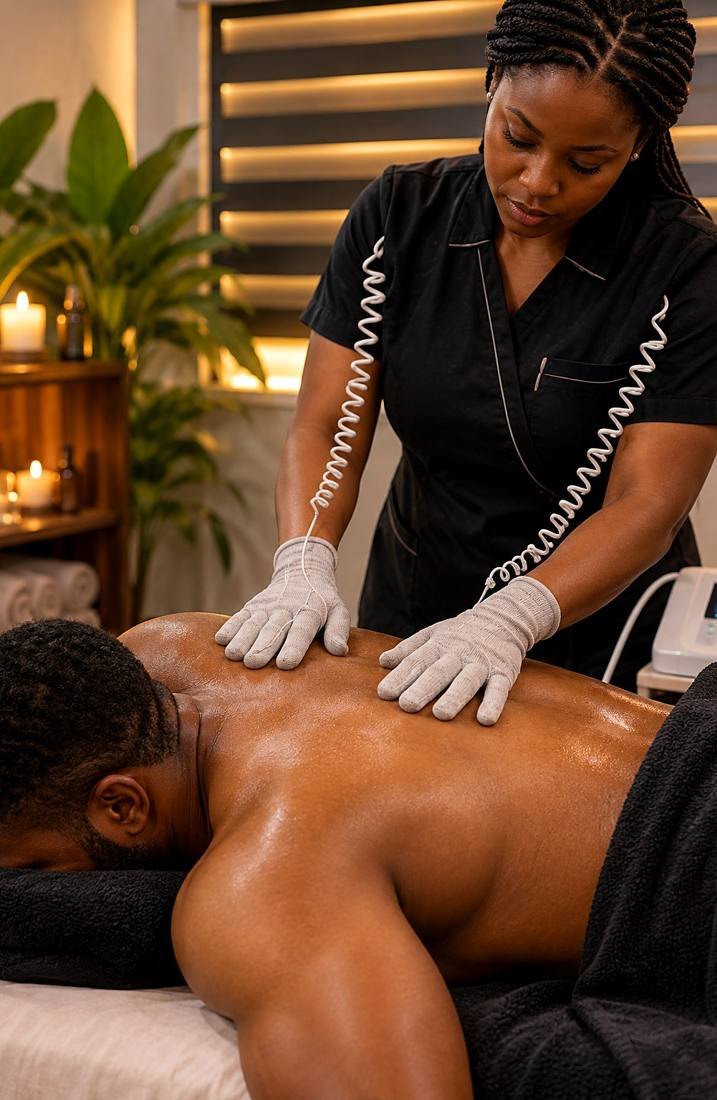 A practitioner working along a client's back during meridian massage
