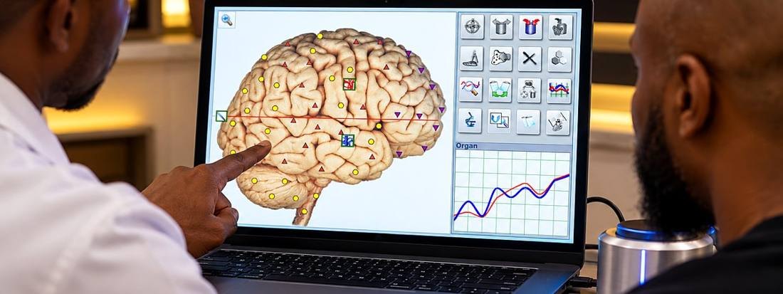 An NLS scan on a laptop screen being explained to a client