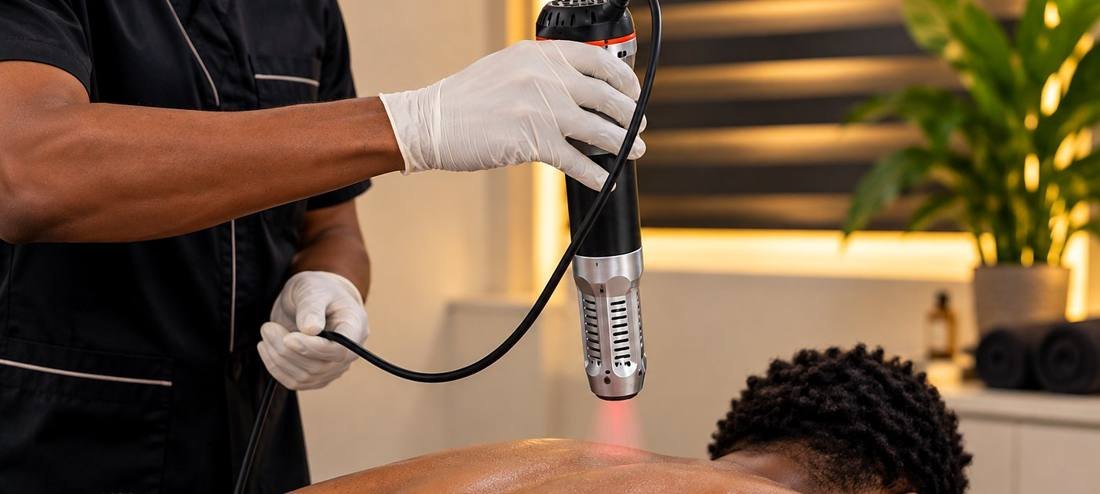 A practitioner holding a PEMF wand over a client's shoulder