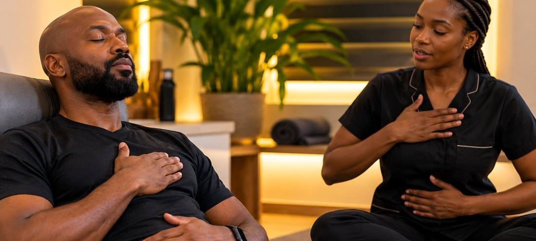 A practitioner guiding a client through breathwork, hands on chest