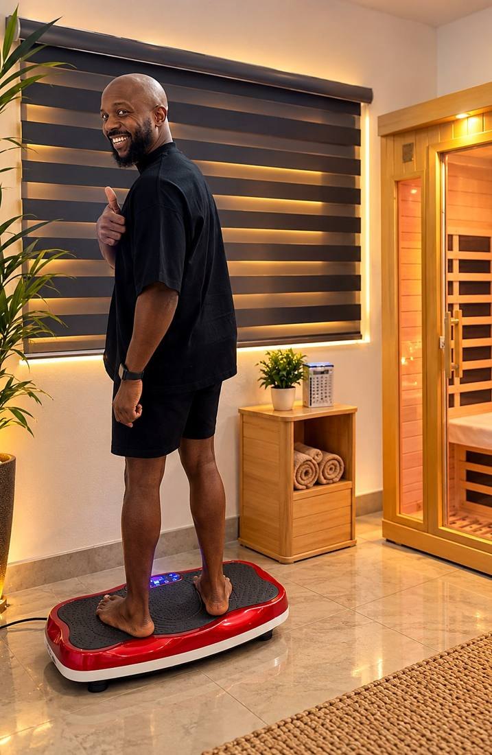 A client standing on the vibration plate
