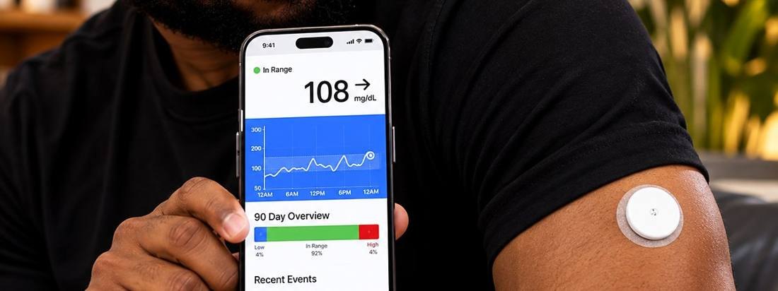A glucose sensor on the upper arm and the app showing a reading
