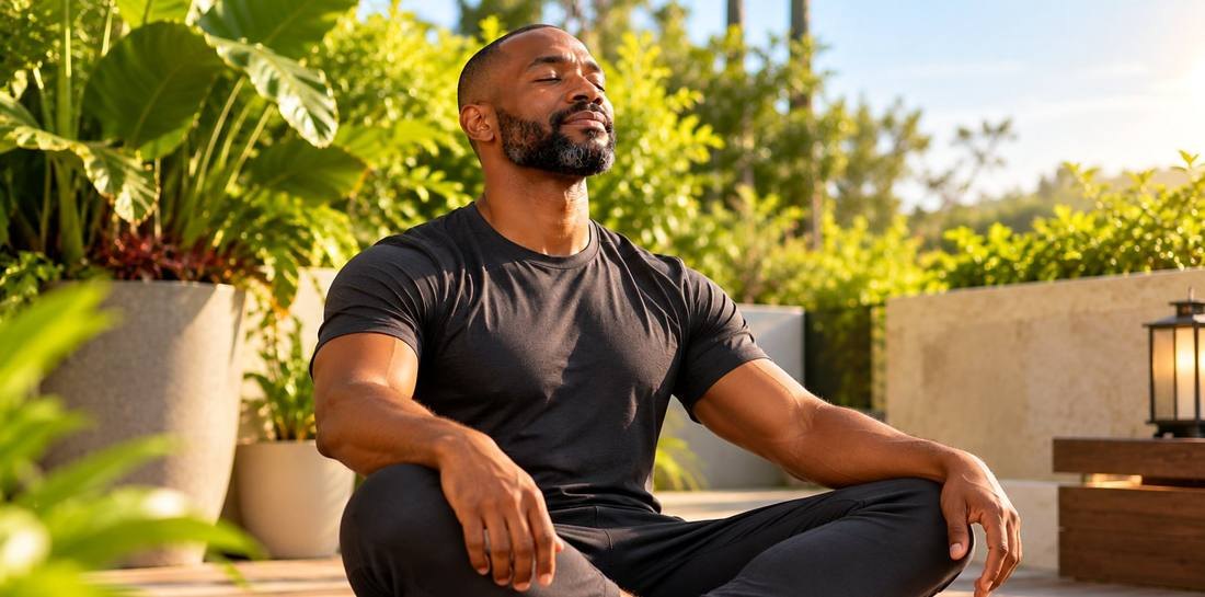 A man resting cross-legged with eyes closed in a garden