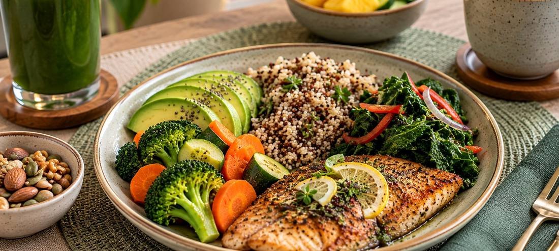 A plate of grilled fish, grains and vegetables