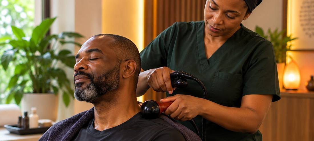 A practitioner using a heated stone on a relaxed client