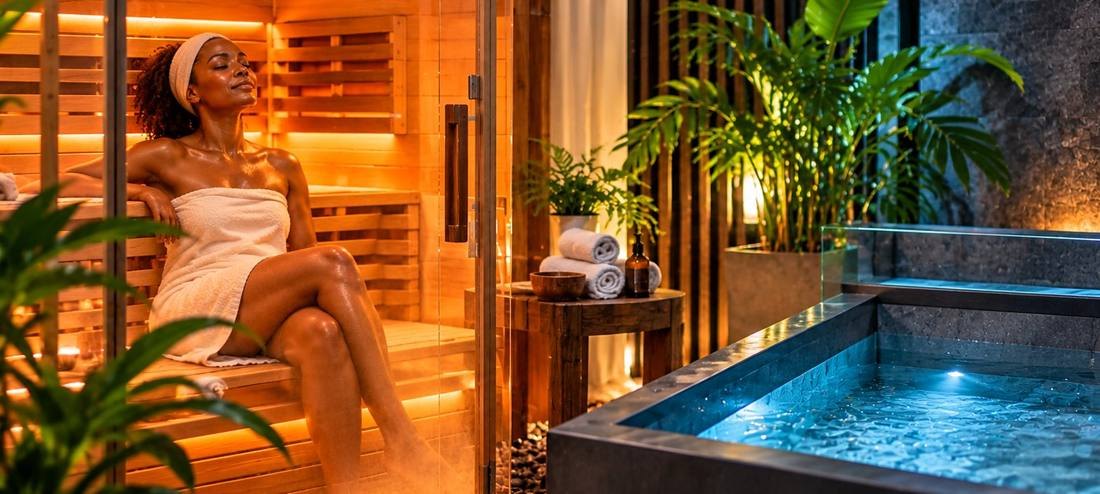 A woman relaxing in a warm sauna beside a cool pool