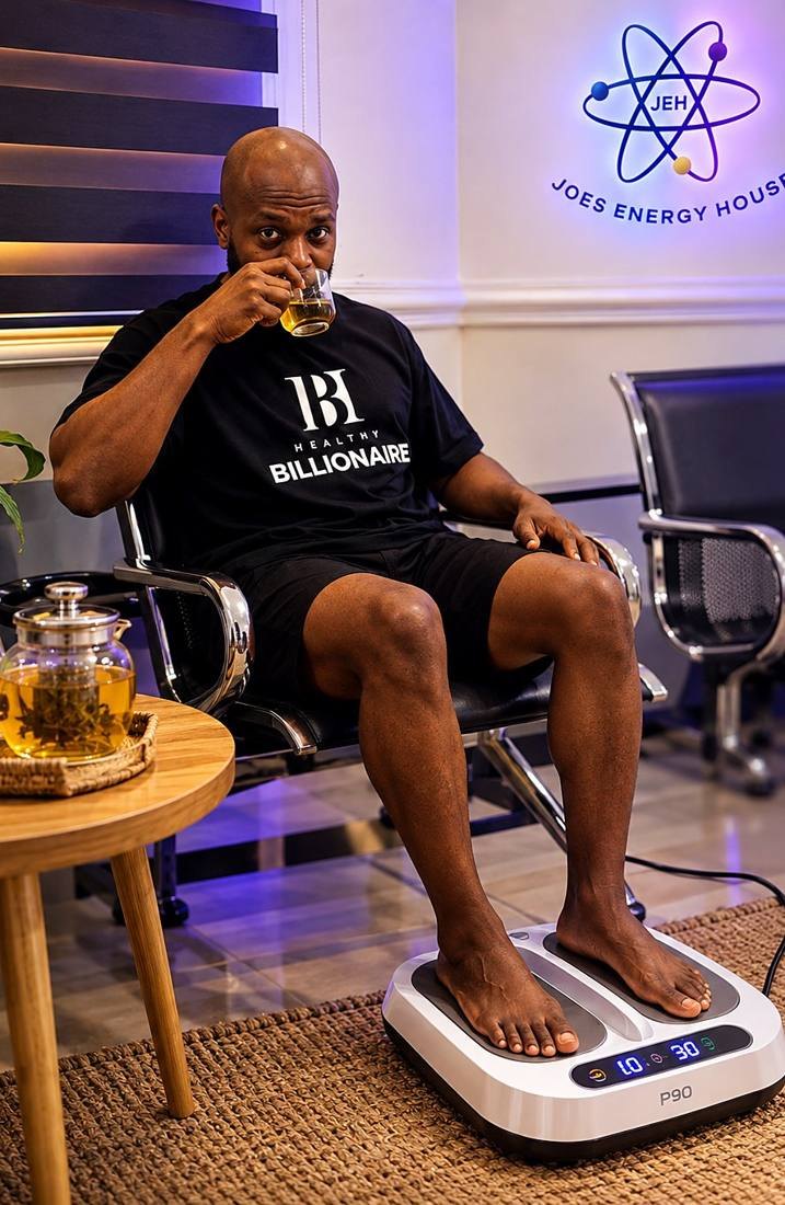 A client with feet on the P90 platform, holding a cup of tea